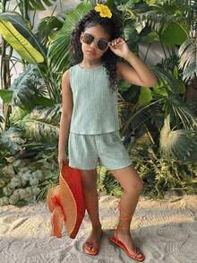 2pcs Tween Girls Casual Round Neck Textured Fabric Bow Back Tank Top And Shorts Set - Mint Green - View 3
