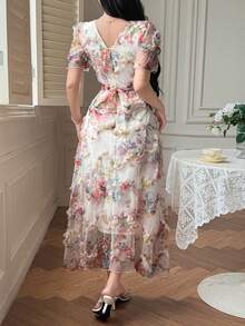 DAZY Đầm nữ thanh lịch họa tiết hoa, cổ vuông, tay cánh hoa, dài ngang gối, thích hợp cho mùa hè. - Hồng - Xem 2