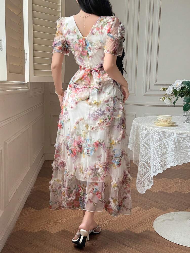 Women's Elegant Floral Textured Square Neck Petal Sleeve Mid-Length Dress, Summer