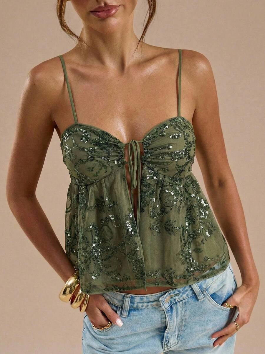 SHEIN BAE 女士春夏串珠纹理绿色吊带背心,串珠吊带背心,适合海滩、度假、音乐节、节日场合,波西米亚风吊带背心,绿色串珠上衣,魅力性感上衣 - 綠色 - 查看 1