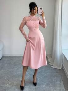 Modelyn 女士优雅法式蕾丝拼接设计中长款派对连衣裙 - 粉色 - 查看 3