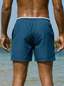 Horizaway Men's Swimming Trunks Drawstring Waist Front Tie Pocket Double Side Plain Color Resort Casual - Blue - View 2