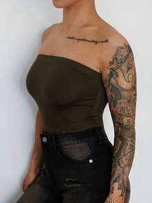 SAYEHFBABY Streetwear Women's Sleeveless Bandeau Bodysuit, Summer - Army Green - View 3