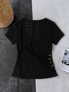 EMERY ROSE Áo thun nữ tay ngắn cổ chữ V, màu trơn, có nhún bèo, dáng ôm, phong cách thường ngày. - màu đen - Xem 3