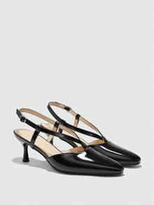 CUCCOO BIZCHIC Women's Shoes Pointed Toe Patent Leather Black Cross Strap Slingback Basic Commuting Wear Daily Thin Heel High Heel Shoes - Black - View 7