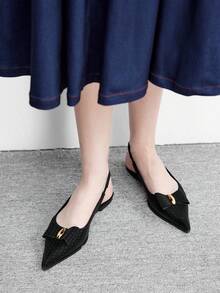 CUCCOO BIZCHIC 女士秋季黑色编织尖头后跟平底鞋，金属装饰蝴蝶结鞋 - 黑色 - 查看 4