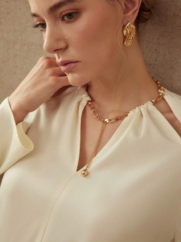 ELEGANT SATIN CHAIN DECOR BLOUSE, SUITABLE FOR COMMUTING, SPRING/SUMMER