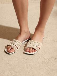 Swim Chiccia 2025年夏季新款波西米亚风格女士平底凉鞋，软底仙女百搭珍珠沙滩拖鞋 - 米色 - 查看 3