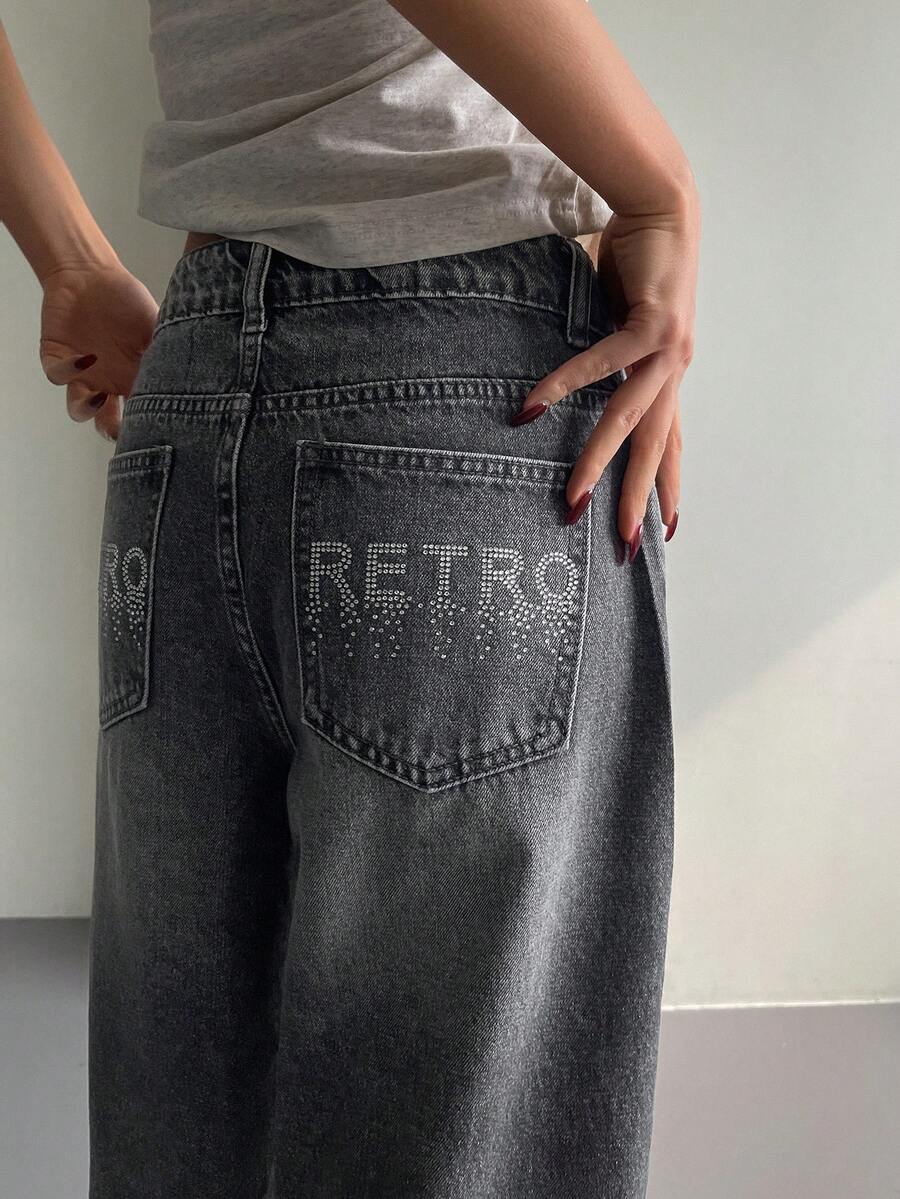 DAZY Quần jeans nữ ống đứng dáng rộng, cạp thường, phong cách đường phố thường ngày. - Xám - Xem 1