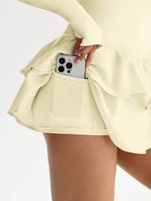 SHEIN Sovereign Charm Đầm thể thao mùa hè dành cho nữ, tay ngắn, thiết kế hở lưng, chất liệu lụa sữa có lớp lót, cạp chun có túi, chân váy hai lớp, thích hợp cho các hoạt động thể thao ngoài trời, yoga, tập gym, tennis, chạy bộ. - Màu vàng - Xem 5