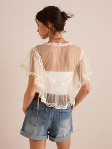 Easelle Apricot-Colored Tulle Ruffled Loose-Fitting Women's Blouse, Perfect For A Vacation Look, Spring/Summer 2026. - Apricot - View 2