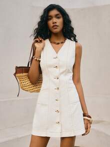 Poéselle Women's V-Neck Single-Breasted Dual Pocket Casual Sleeveless Denim Dress - White - View 8