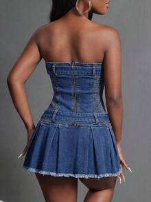 Slaydiva Women's Chain-Detail Outdoor Festival Vintage Wash Summer Tube Denim Dress - Blue - View 3