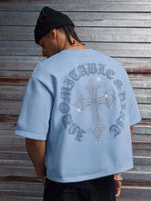 AXEPEAK Men's Casual Loose Short Sleeve T-Shirt, White With Printed Rhinestone Handmade Label, Summer - Sky Blue - View 2