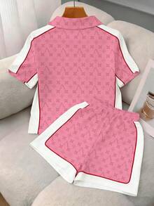 Short Double-Layer Collar Shoulder Short Sleeve Top + Side Pocket Shorts - Pink - View 2
