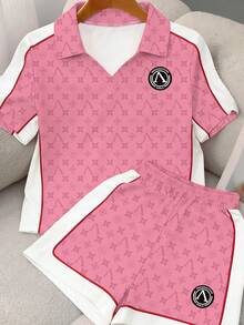 Short Double-Layer Collar Shoulder Short Sleeve Top + Side Pocket Shorts - Pink - View 3