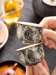 4pcs/6pcs Ink Painting Ceramic Tea Cup, Retro Small Capacity Espresso Cup, Tea Tasting Ceramic Cup, Kung Fu Tea Set, Tea Cup, Pu'er Single Cup, Personal Cup, Master Cup, Small Tea Bowl, Ceramic Cup, Suitable For Tea Lovers - Multicolor - View 1