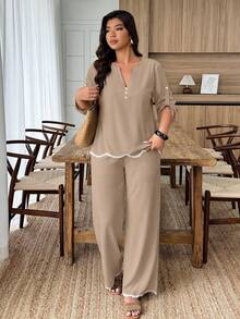 Weeklong 大码女装春夏拱形撞色花卉饰边休闲两件套 - 卡其色 - 查看 5