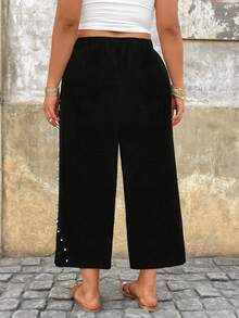SHEIN EMERY ROSE CURVE 大码女式时尚串珠七分裤，撞色蕾丝，春夏款 - 黑色 - 查看 2