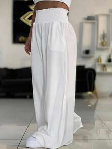 SHEIN LUNE CURVE Plus Size Women's Spring/Summer Solid Color Chiffon Casual Loose Pants, Elastic Waist With Flared Hem, Suitable For Work And Daily Wear - White - View 3