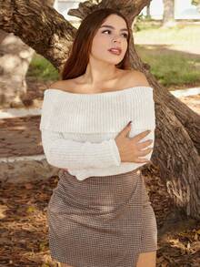 Lupita Cardoza 女款 Y2K 法兰绒露肩毛衣，白色 - 米色 - 查看 5