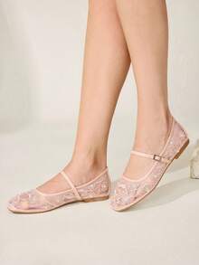 CUCCOO CHICEST Women Shoes Four Seasons New Embroidery Faux Pearl Low Vamp Square Toe Flat Sole Shoes Elegant Elegant Fashion Mesh Women's Flat Shoes Soft Sole Ballet Shoes Elegant Commuter Mary Jane Shoes Wedding Shoes Spring Shoes Bride Shoes - Light pink A - View 8