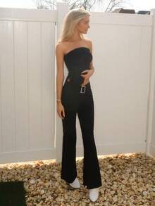 Sydney Algeri Solid Color Pleated Slim Fit Casual Flare Pants With Square Diamond Decor - Black - View 5