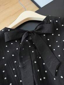 GlowEve CURVE Plus Size Women's Cute French Elegant Round Neck Polka Dot Black & White Ditsy Floral Backless Bow Tie Flutter Sleeves Summer Everyday Blouse - Black - View 7