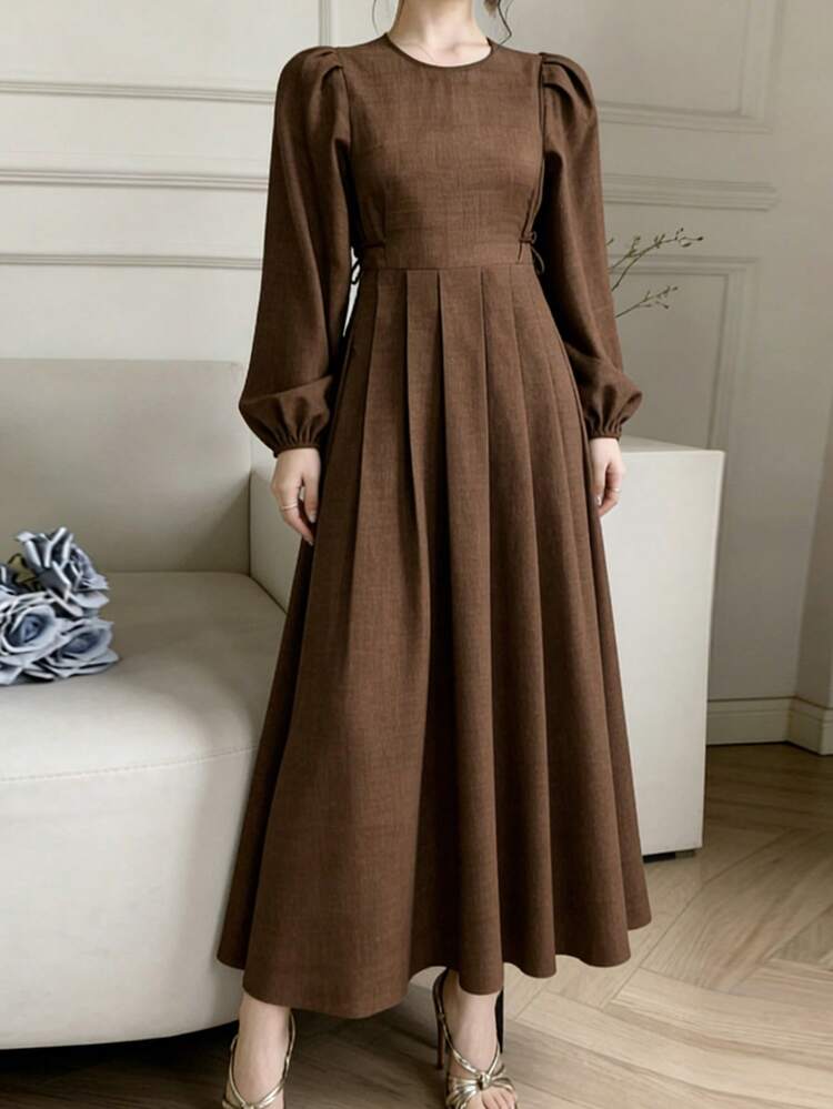 Women's Solid Color Lantern Sleeve Pleated Long Dress Sundress