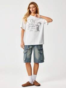 MONOPOLY X SHEIN 女士休闲宽松标语卡通印花圆领短袖T恤 - 白色 - 查看 7