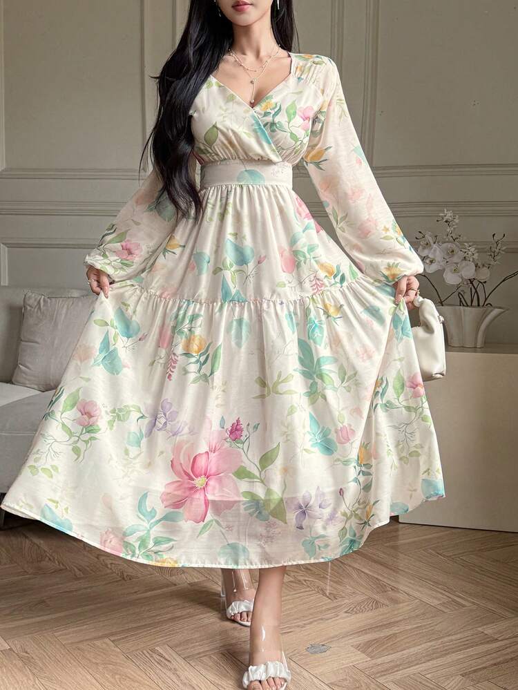 Women's V-Neck Waist Cinched Long Sleeve Floral Print Elegant Dress, Vacation Style Dress Sundress Boho