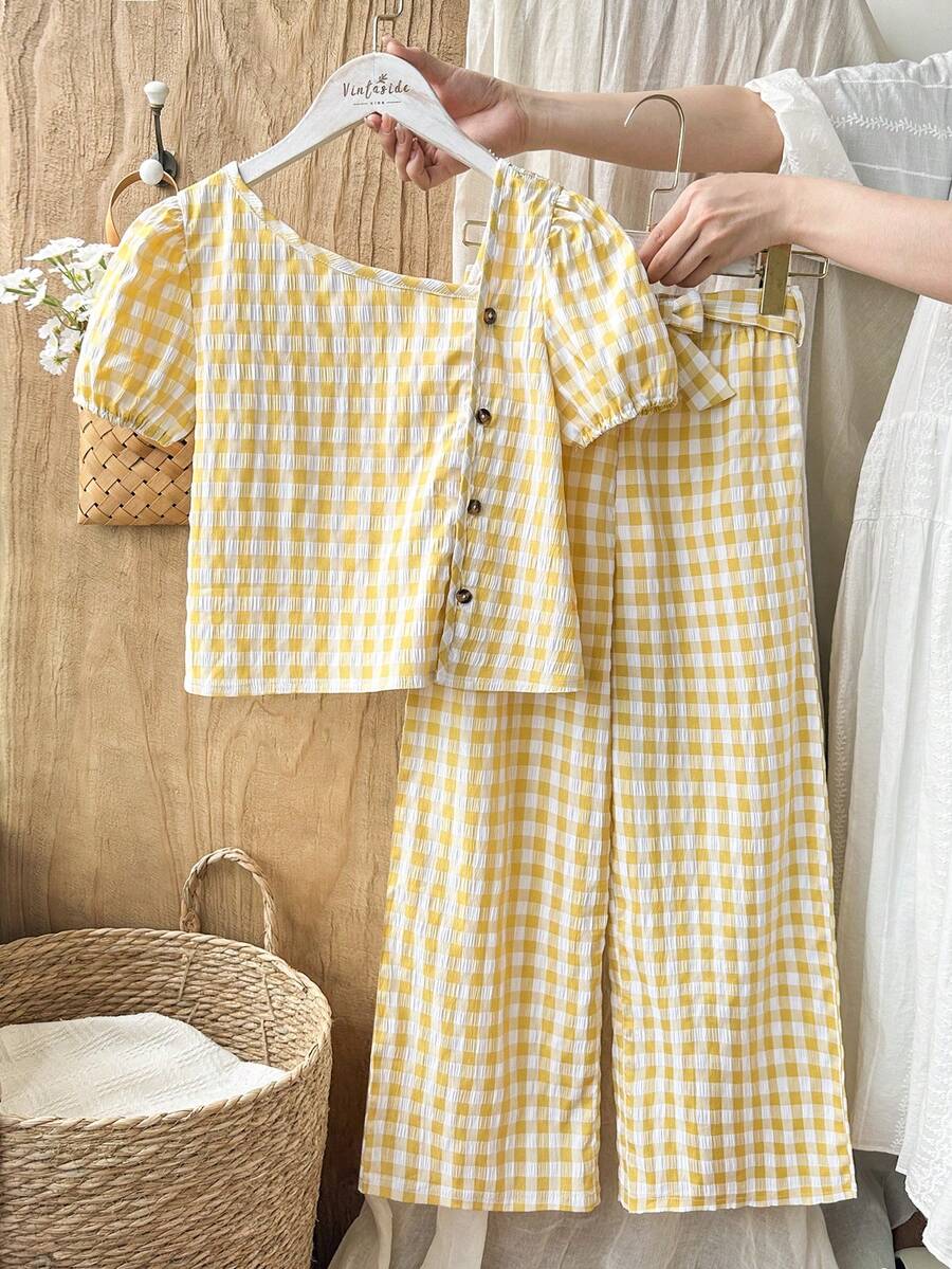 Vintaside Kids 两件套女童格纹不对称单排扣泡泡袖上衣+阔腿裤套装，甜美风格 - 彩色 - 查看 1