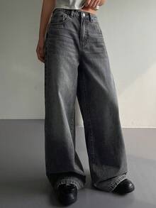 DAZY Quần jeans nữ ống đứng dáng rộng, cạp thường, phong cách đường phố thường ngày. - Xám - Xem 5