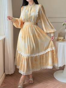 DAZY Women's Tie-Dye Fabric Mandarin Collar Lace Patchwork Shirt And Long Skirt 2-Piece Vacation Set - Light Yellow - View 5