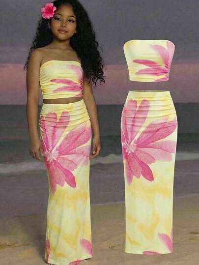 SHEIN Girlism Tween Girl Fitted Casual Comfortable Tie-Dye Floral Print Camisole And Mini Skirt Set