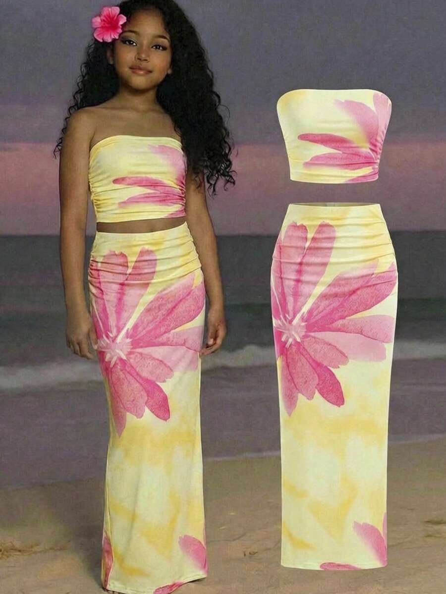 SHEIN Girlism Conjunto de top sin mangas con estampado floral tie-dye y falda ajustada para niña preadolescente, corte slim fit, casual, minimalista y cómodo - Mostaza Amarilla - Ver 1