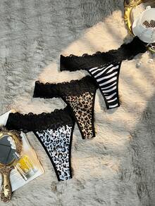 SHEIN 3pcs/Set Lace Patchwork Leopard Print Sexy Thong Panties - Multicolor - View 7