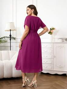 Reflora Plus Size Women's Elegant Purple Chiffon Midi Dress, Flowy Ruched Summer Wedding Party Outfits,High-Quality Spring Carnival Costume Clothes - Purple - View 4