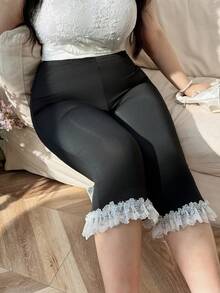 SHEIN CovetEZ 大码女式蕾丝拼接蝴蝶结装饰休闲百搭日常修身七分裤荷叶边裤蝴蝶结细节裤女裤蕾丝边裤女式低腰黑色七分裤女式七分裤女式七分裤女式蕾丝边七分短裤打底裤女式七分打底裤 - 黑色 - 查看 9