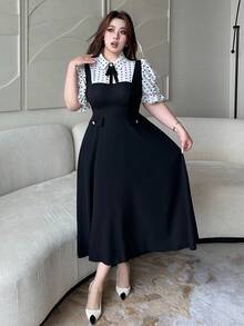 Vibekara Plus Size Women's Turndown Collar Short Sleeve Half-Placket Polka Dot Contrast Color Button Elegant Vintage Casual Midi Dress - Black and White - View 3