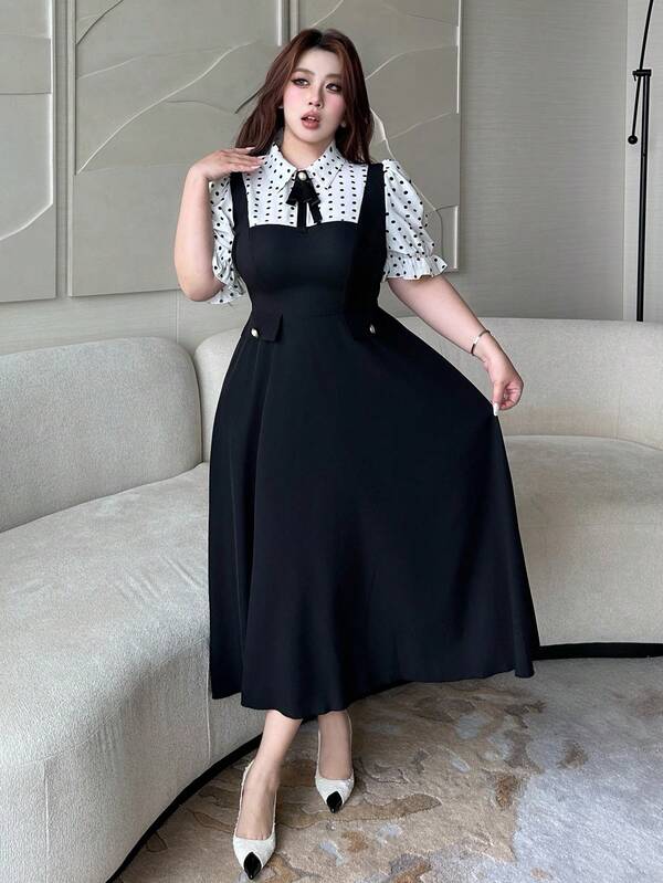 Vibekara 大码女式翻领短袖半开襟波点撞色纽扣优雅复古休闲中长连衣裙