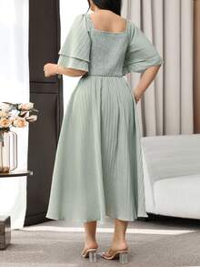Feyla Plus Size Elegant Solid Color Waist Cinched Dress, Summer - Dusty Blue - View 5