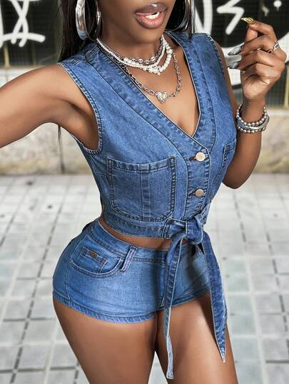 Slaydiva Women's V-Neck Single-Breasted Tie-Waist Casual Denim Vest Jacket
