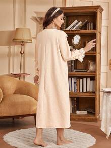 PalaceNights Vintage Palace Style V-Neck Floral Embroidery And Lace Trim Long Sleeve Nightgown Lace Nightgown Vintage Nightgown Embroidered Nightgown Lace Sleepwear Vintage Night Gown Women - Apricot - View 2