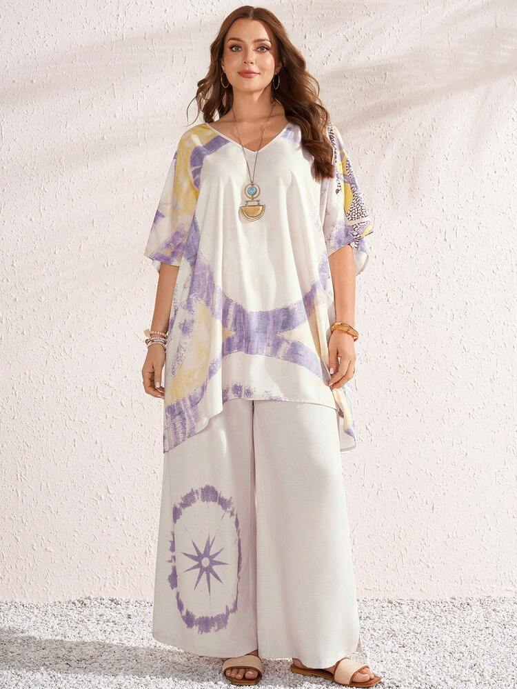 2pc Set Plus Size Women's Summer Casual Vacation Country  Tie-Dye Print Short Sleeve Loose Blouse Top Shirt And Pants 2-Piece Set, Spring/Summer,Summer\Vacation,Summer Holiday,Spring Break Outfits ,Vacation Outfits Women ,Holiday Outfits For Women,Going Out Outfits,2026 New Clothes,Simple And Fashionable For Everyday Wear,Suitable For Summer, Vacation, Daily Wear,Suitable For Summer, Vacation, Daily Wear,Country Concert Outfit ,Modest Two Piece Set, Plus Size Summer Sets,Plus Size Pants Set,Boho Set,Boho Pants Set For Women,Wide Leg Pants Set,2 Piece Casual Sets Woman,Two Piece Set Women, Women Clothes Sets, Women Vacation Outfit Sets