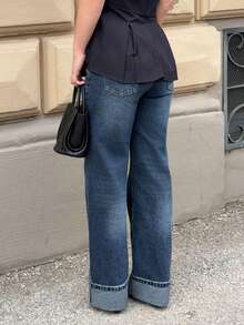 Jeta Ari 女士休闲时尚宽松简约卷边阔腿牛仔裤 - 深色水洗藍 - 查看 2