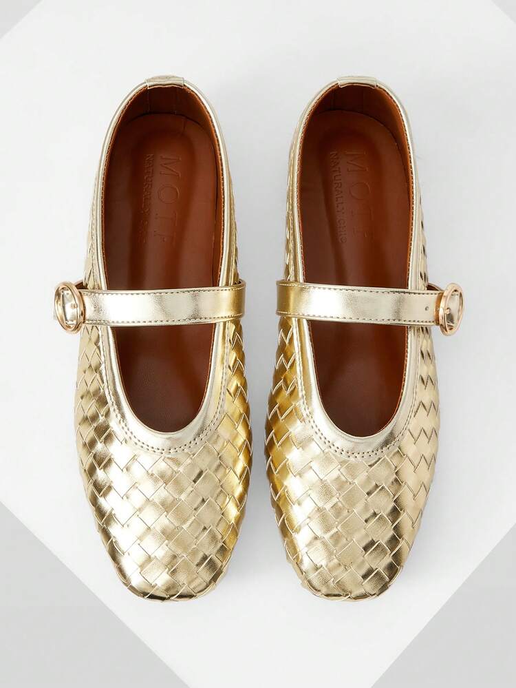 WOMEN SHOES EUROPE AND THE UNITED STATES NEW POPULAR FASHION GOLD RETRO WOVEN ROUND TOE FLAT MARY JANE SHOES, VERSATILE COMMUTING COMFORTABLE BREATHABLE LOW VAMP WORD WITH BALLET SHOES HIGH SENSE LIGHT SHOES SPRING SHOES