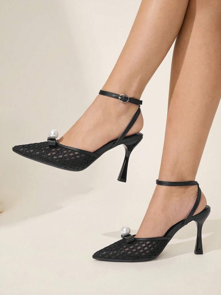 CUCCOO CHICEST Women's Fashion Mesh Pearl Decor Casual High Heel Pumps, Suitable For Spring/Summer Wedding Shoes Spring Shoes Bride Shoes