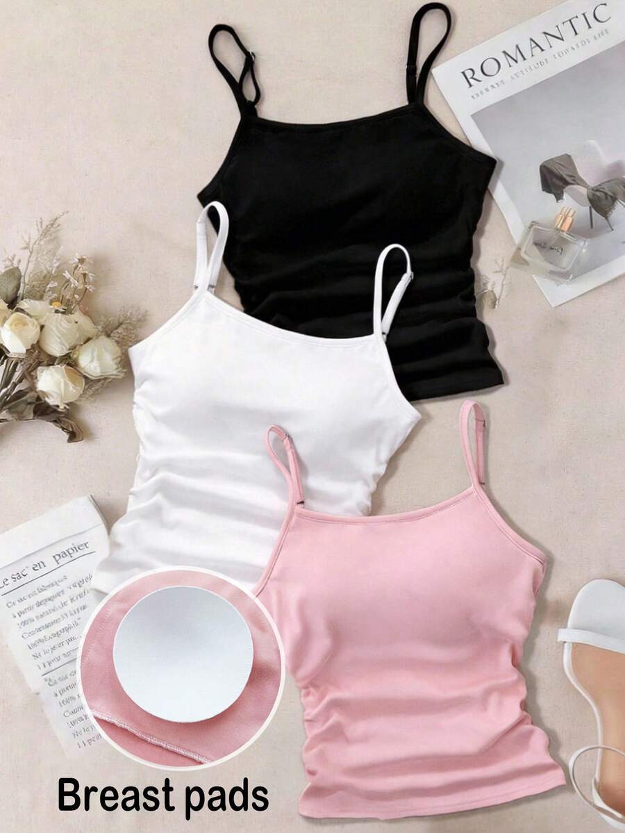 SHEIN Set de 2 camisetas de tirantes ajustables de punto negro y blanco con sujetador acolchado para niñas preadolescentes, camiseta de capa, primavera/verano - Multicolor - Ver 1