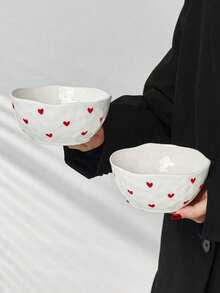 1pc/2pcs/4pcs Korean Ins-Style Handpainted Small Heart Love Ceramic Bowl, Cute Pattern Bowl, Daily Dessert Bowl, Ice Cream Bowl, Fruit Salad Bowl, Household Rice Bowl - Multicolor - View 10